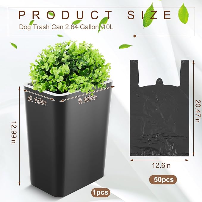 Jingmore Dog Poop Trash Can Outside 2.64 Gal/10 L Plant Styled Dog Waste Trash Can with Lid 50 Waste Bags Outdoor Indoor Poop Container Slim Garbage Bin for Yard Garden Pet (Black)