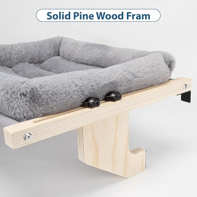 Cat Sill Window Perch - 100% Natural Pine Frame, Soft Plush Fleece Cushion, Tool-Free Adjustment, Supports 55 lbs (Extra Large-Grey)