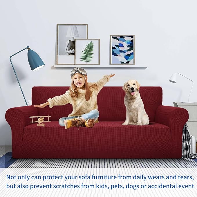 MAXIJIN Super Stretch Couch Cover for 3 Cushion Couch, 1-Piece Universal Sofa Covers Living Room Jacquard Spandex Furniture Protector Dogs Pet Friendly Fitted (Large, Wine Red)