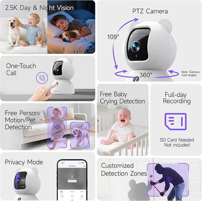 2.5K Indoor Security Camera 4pack, Free AI Person/Pet/Cry Detection, 4MP Baby/Dog/Cat/Pet Camera with Phone App, Pan Tilt WiFi, Night Vision, Full Duplex Audio for Home Security