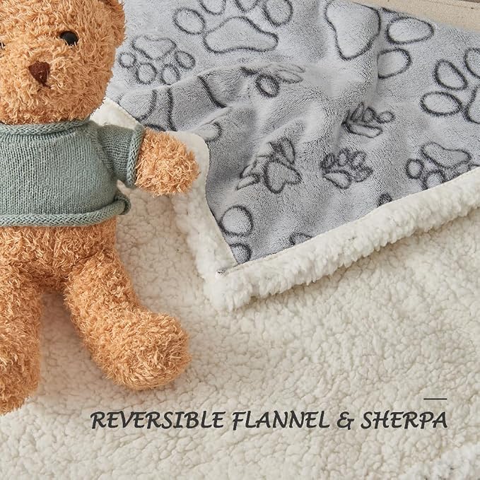 Pet Blankets for Couches, Waterproof Dog Blankets for Large Dogs, Sherpa Fleece Puppy Blanket, Soft Plush Reversible Dog Blanket, Couch Cover for Dogs Washable, 30"X70", Grey Paw Print