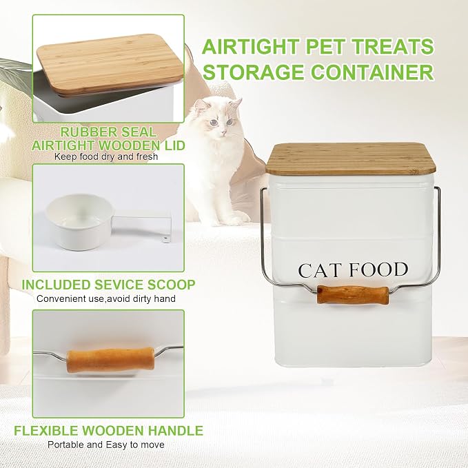Cat Food storage container Cat Treats Jar,5~6 lb Metal food treats tin for Cat, pet snacks Canisters with wooden lid/handle/sevice scoop-White