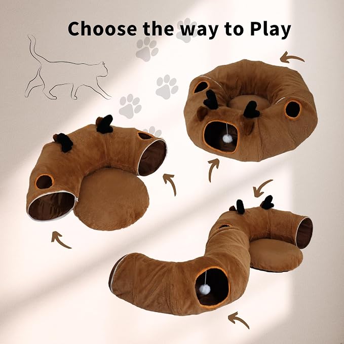 Cat Tunnel Bed for Indoor Cats with Washable Cushion Cat Cave Donut Tunnel with Fluffy Ball Big Round Tube Pet Playground Toys Soft Plush Peekaboo for Kitten, Cat, Puppy, Rabbit, Ferret（Deer）