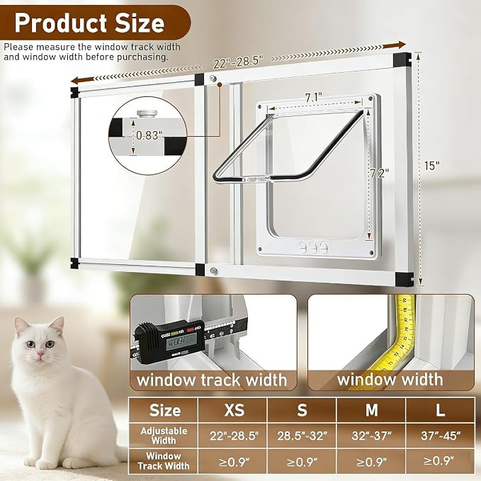 Full Glass Cat Door for Window,22"-28.5" Adjustable Width,1-Min Install | 4 Locking Modes,Aluminum Frame,HD Glass,Magnetic Closure,Weatherproof Sliding Pet Door Window Insert for Cats