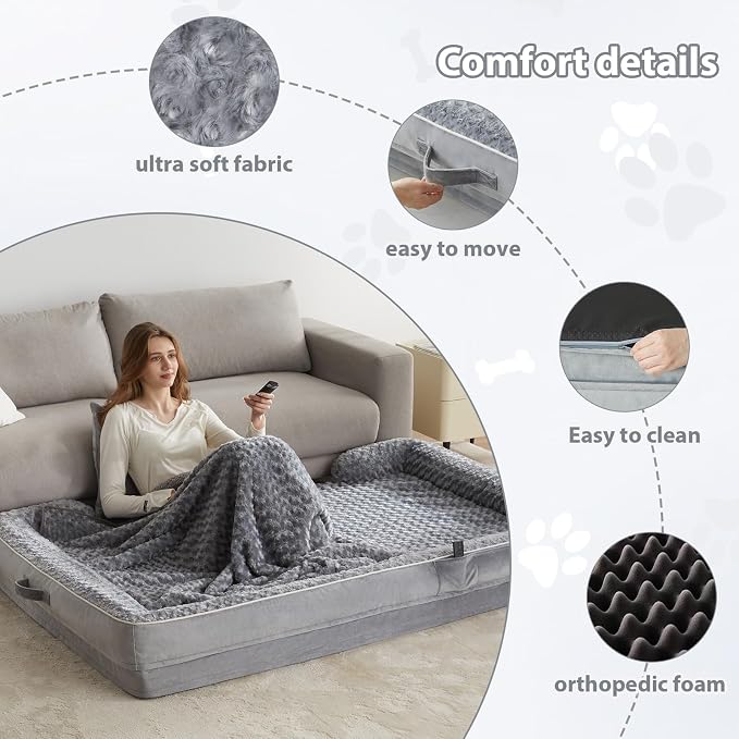 WNPETHOME Human Dog Beds for People Adults, Washable Faux Fur Nap Bed Adult Oval for People, Calming Human Size Giant Dog Bed Fits Pet Families with Storage Pocket Grey