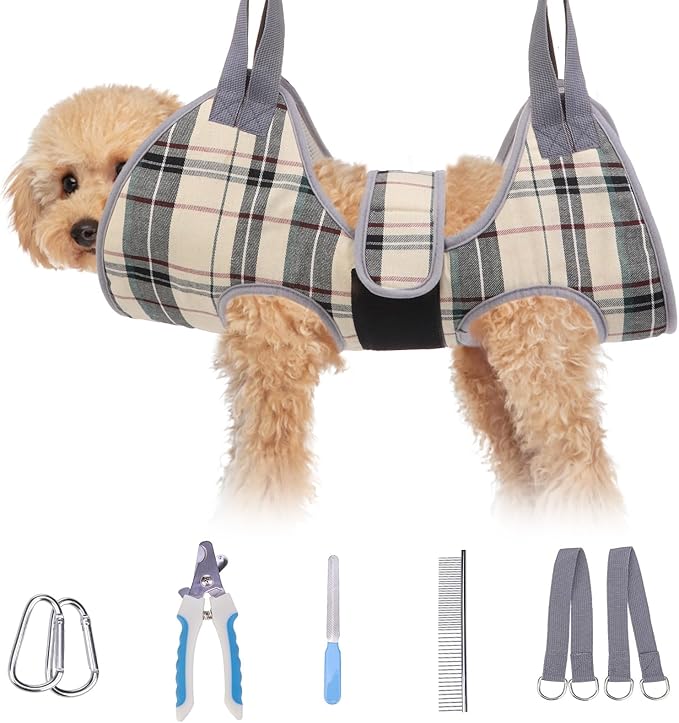 BEAUTYZOO Dog Grooming Hammock for Small Dogs/Cats, Nail Trim Restraint, XS | Dog Hanging Harness for Nail Trim, Adjustable Hook & Loop,Soft Neck Support/Dual Safety Straps for Stress-Free Grooming,Beige