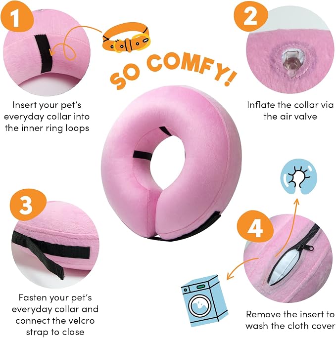 BENCMATE Inflatable Dog Cone Collar Alternative, Soft Dog Cone for Small Medium Large Dogs and Cats, Neck Recovery ECollar Donut Collar After Surgery (Small, Pink)