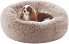 30 inches Faux Fur Fluffy Donut Dog Bed for Medium Dogs,Brown | Calming Plush Round Pet Bed with Removable & Washable Cover,Fits up to 45 lbs Pets