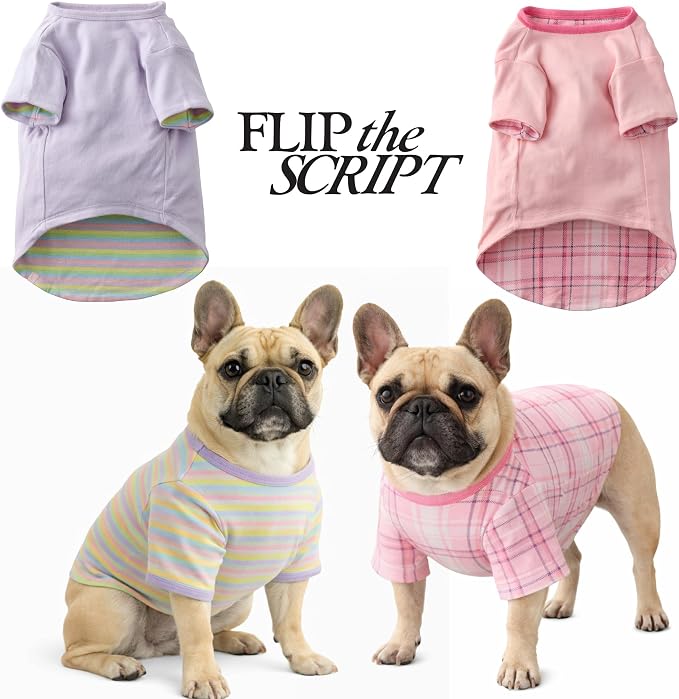 Pet Passion Rover - The Reversible Tee, 2 Pack Short Sleeve Pet T-Shirt 100% Organic Cotton Tees for Small, Medium, Large Dog Clothes, Pink Preppy Plaid, XX-Small