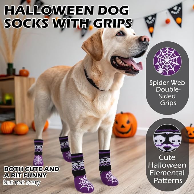 EXPAWLORER Halloween Anti Slip Dog Socks to Prevent Licking Paws, Boots & Paw Protectors with Spider Web Grippers,Doggie Booties for Hardwood Floors for Small Medium Large Senior Dogs Purple Ghost L