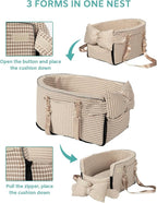 Prpeko Dog Car Seat for Small Dogs,Center Console Seat for Puppy,Anti-Collapse Pet Car Seat with Soft Cushion Safety Belt, Portable Car Armrest Seat for Dog & Cat Under 15 lbs (Grid-Brown)