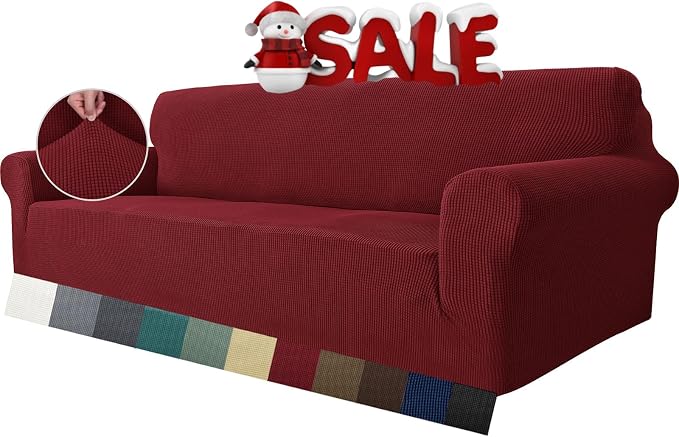 MAXIJIN Super Stretch Couch Cover for 3 Cushion Couch, 1-Piece Universal Sofa Covers Living Room Jacquard Spandex Furniture Protector Dogs Pet Friendly Fitted (Extra Large, Wine Red)