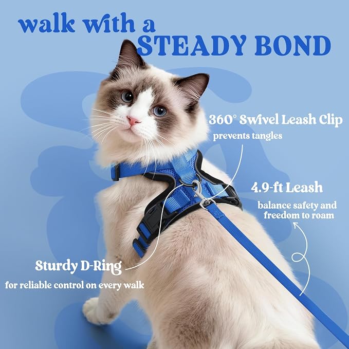 rabbitgoo Cat Harness and Leash Set, Escape Proof Vest, Navy Blue | Soft Breathable Mesh, Easy Adjustable Fit, Snap Buckles, Sturdy Clip, Reflective Strips, for Medium to Large Cats Walks, M