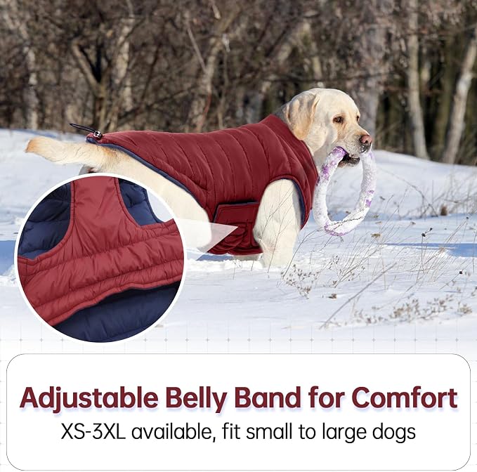 Lelepet Reversible Dog Coat Windproof Dog Jacket Lightweight Puffer Vest | Windproof Wintet Jacket Warm Coats for Large Dogs Adjustbale Hook & Loop Pet Apparel with Leash Hole, Pitbull, Wine Red, XL