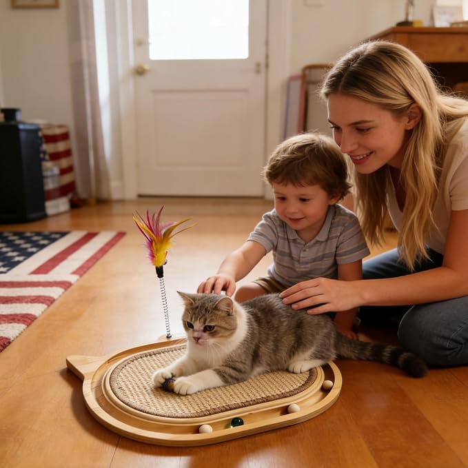 Sisal Cat Scratcher Toy with Ball Track Feather and Ball, Wooden Interactive Toy for Indoor Cats, Scratch Pad,Kitten Toys for Chasing Hunting Physical Exercise