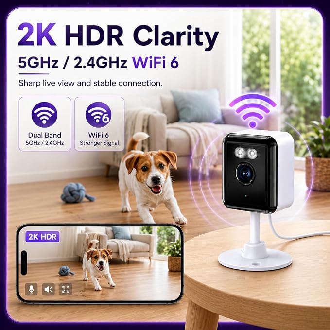 2.4/5GHz Home Cameras Indoor, 2K Security Camera Indoor for Dog/Pet/Nanny/Baby with US Phone App, AI Text Recognition, Smart Search, Color Night Vision,2 Way Talk Mini Cam,Human Detection,4 Packs | Indoor Use