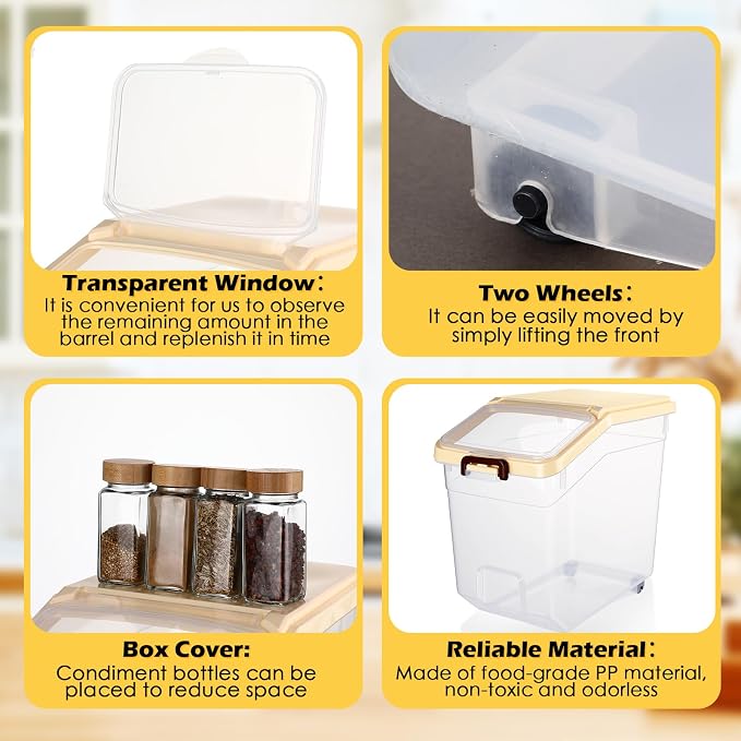 4 Pcs Rice Storage Containers Bulk Flour Sugar Container Wheels Measuring Cups Set Airtight Pet Dog Cat Birds Food Bin Grain Cereal Organizer Box for Dry Baking (Beige,38 lb)