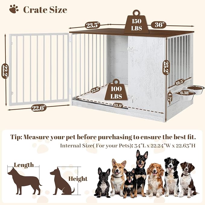 TBWIND 36" Dog Crate Furniture End Table for Medium Dogs, White | Furniture-Style Dog Crate with 270° Rotating Door, 360° Feeding Station, Dual Latch Locks & Soft Cushion