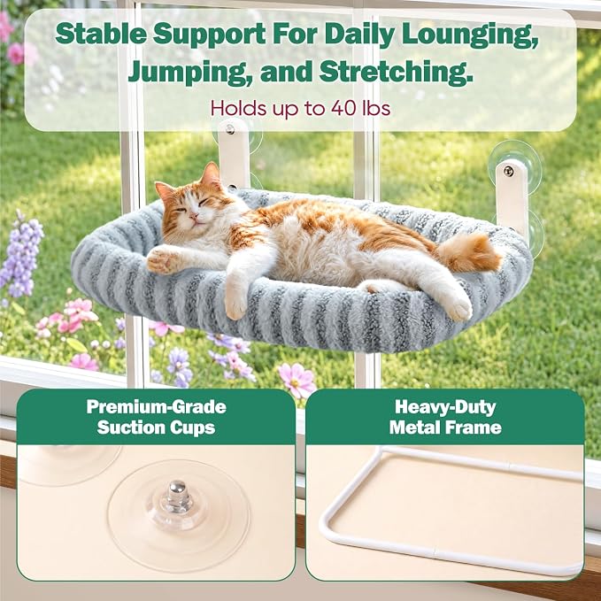 Zakkart Mellow Foldable Cat Window Perch, Upgraded Suction Cups (Gray, M) | Curtain-Friendly, Dual-Fabric Striped Machine Washable Bed, Heavy Duty ABS & Metal Frame, Hold up to 40 lbs., 22.8"W x 15.5"D