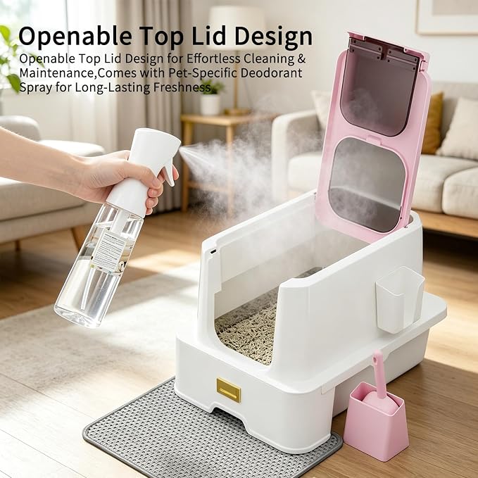 RIZZARI Covered Litter Box for Indoor Cats: Pink, Drawer, Easy Clean | Built-In Deodorizer Spray / Spacious for Large Cats / Stainless Anti-Odor / Pull-Out Drawer / Includes Scoop & Mat