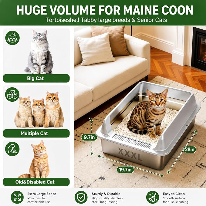 KalraMay XXXL Extra Large Stainless Steel Litter Box, Cool Gray | Large Cat Litter Box for Big & Multi-Cats, Metal Cat Box with Mat & Scoop, Non-Sticky, Anti-Leakage,Easy Cleaning