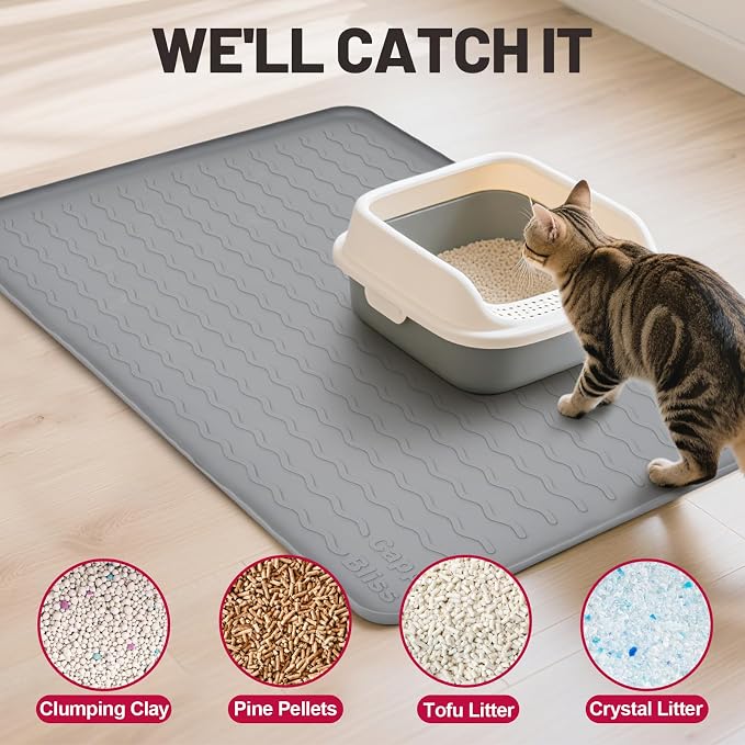 Cat Litter Mat, 34"x22" Waterproof Silicone Pad, Gray | Large Size, Urine-Proof Pad, Litter-Trapping Waves, Non-Slip, Easy Clean, Paw-Safe, for Litter Box, Floor Mat