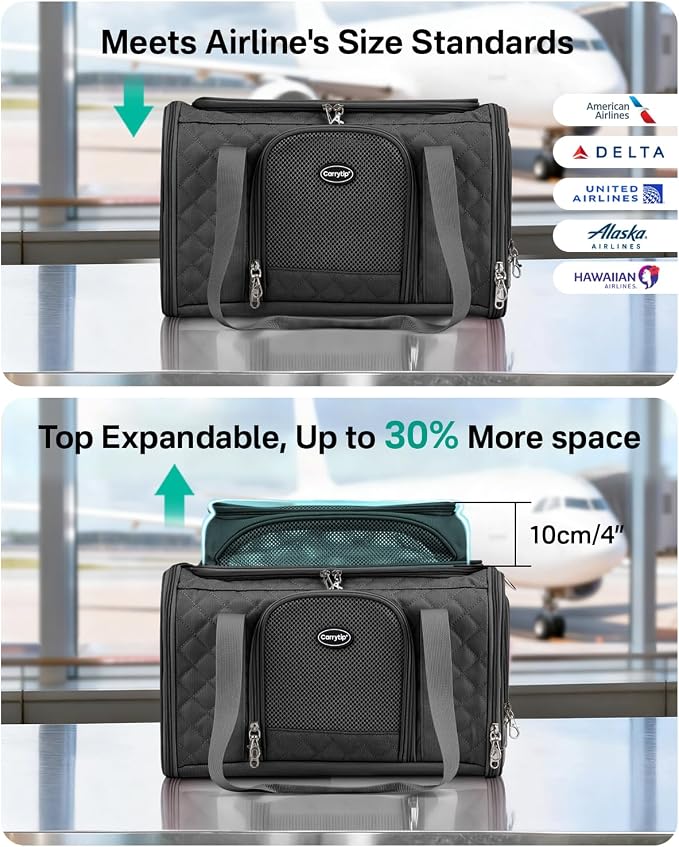 Top Expandable Cat Carrier for Airline Travel, 17x11x9.5 in, Black | Stable reinforced frame, locking zippers, and breathable mesh for airport waits, vet visits, road trips, and daily travel