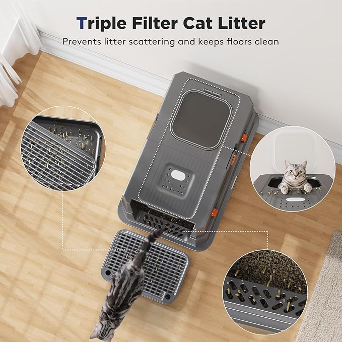 FURTIME Stainless Steel Litter Box with Lid, Enclosed Metal Cat Litter Box | XL Extra Large, Cat Box with High Sided Enclosure & Scoop, Big Cats, Front & Top Entry, Odor Free, Anti-Leakage, Grey