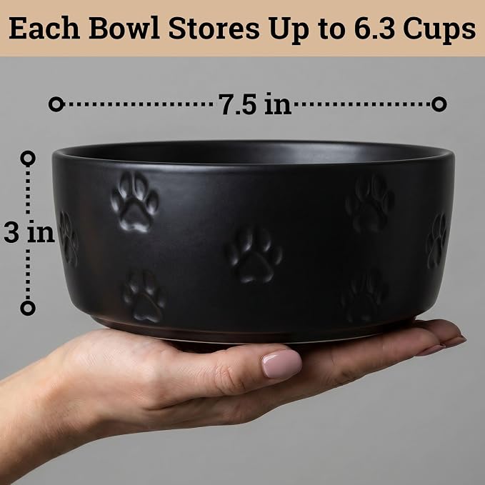 Ceramic Dog Bowl Set of 2 with Anti-Skid Base 7.5" W x 3" H, 6 Cup Capacity | Thick Ceramic, Dishwasher Safe, Anti-Skid Rubber Base, 6 Cups per Bowl, Ceramic Food & Water Bowls Set of 2 for Large Dogs