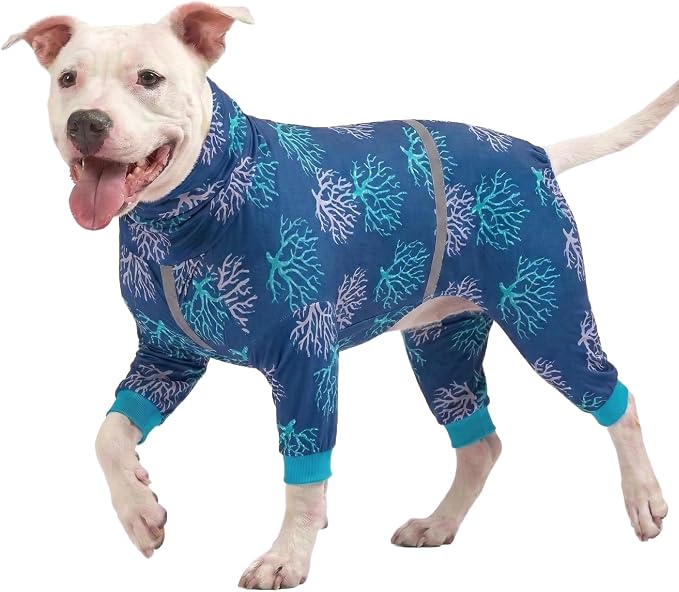 LovinPet Boxer Dogs Onesie Pajamas - UV Protection&Wound Care, Anxiety Relief, Lightweight Stretchy Fabric, Reflective Stripe, Coral Tree Print, Post Surgery Clothes, Pet PJ's/Large