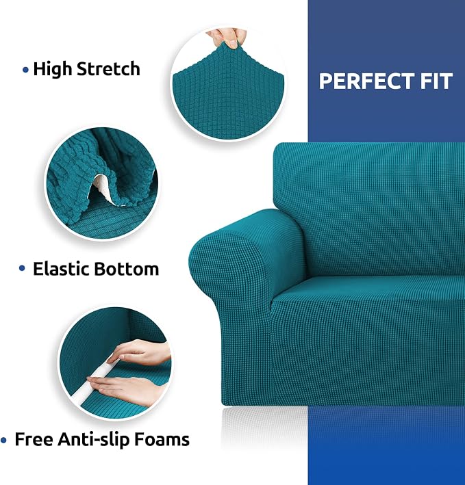 Stretch Loveseat Couch Cover, 2 Cushion Couch Slipcover,Peacock Blue | 1-Piece Washable Sofa Cover Pet Friendly (55"-78") Furniture Protector Soft Jacquard, Elastic Bottom for Dogs & Kids