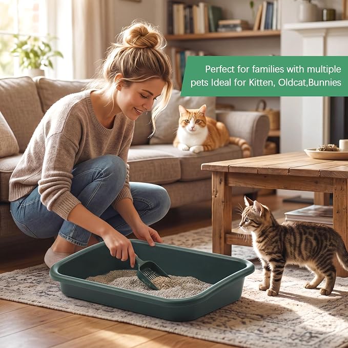 Uiifan 3 Pcs Extra Large Low Entry Cat Litter Box for Senior Kitty Pet Open Top Litter Box for Senior Kitten Handicap Disabled Older Elderly Cats, Easy to Clean(Dark Green,16.9 x 12 x 3.15 Inches)