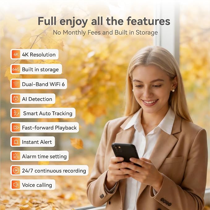 4K UHD Indoor Camera, 64G Built-in Storage No Subscription,Pet Camera Indoor with Phone App,Work as Baby Monitor/Cat/Dog Camera,360°Pan&Tilt,Two-Way Talk,Privacy Mode,AI Tracking/Detection