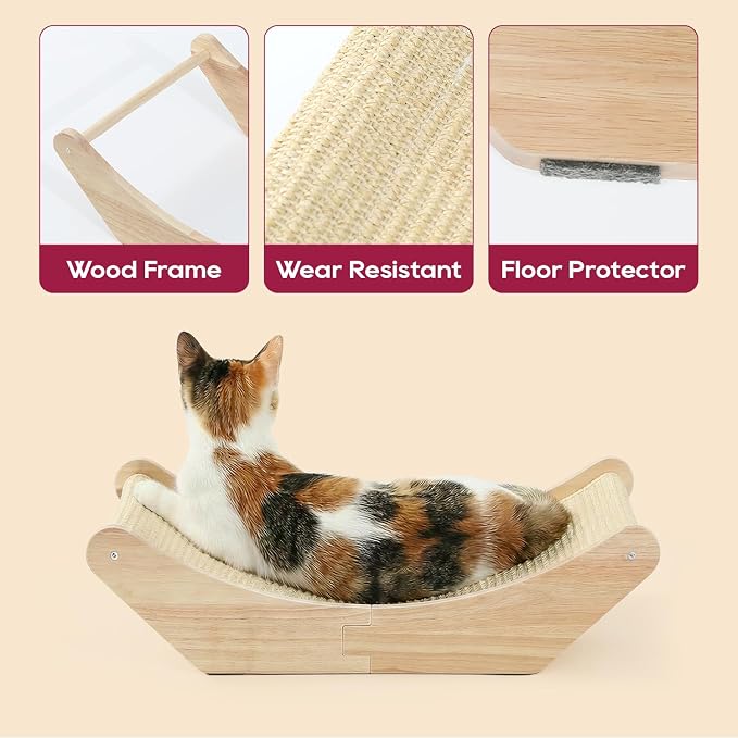 Zakkart Cat Sisal Scratching Bed Hammock, 2-in-1 Cat Scratcher & Lounging Bed, 100% Natural Sisal Mat, Solid Wood Frame, Cat Furniture Protector (Large, Natural Color)