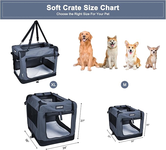 JESPET Soft Dog Crates Kennel for Pets, 3 Door Soft Sided Folding Travel Pet Carrier with Straps and Fleece Mat for Dogs, Cats, Shale Green, 36'' (2-Grey, X-Large(36" L x 24" W x 27" H))