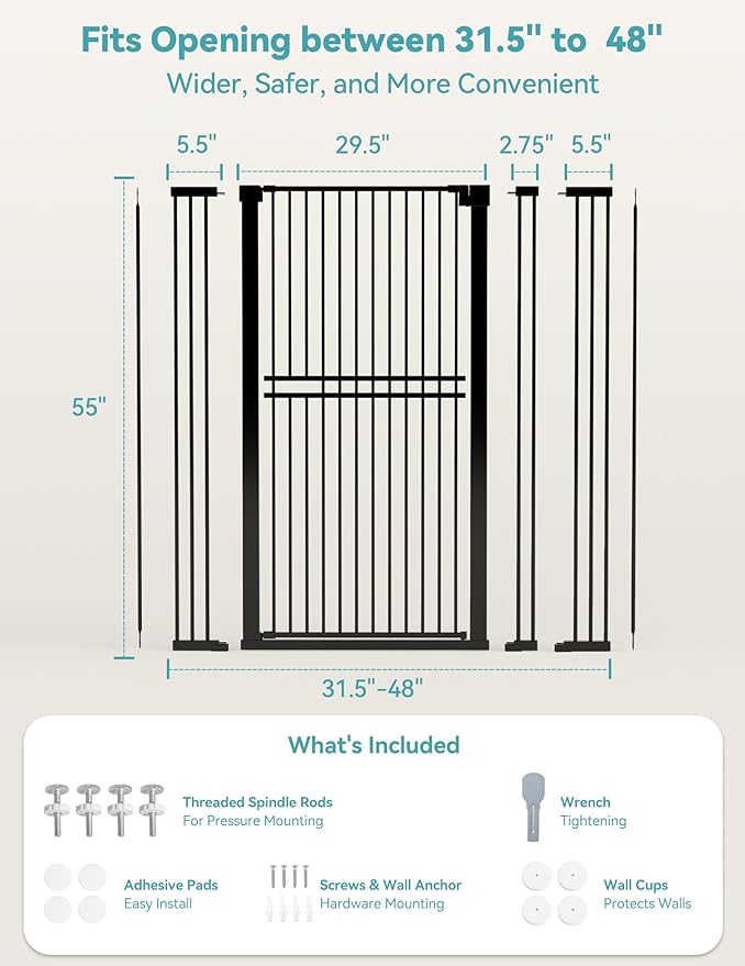 No Pawblems 55" Extra Tall Pet Gate, 31.5"-48" Wide Tall Dog Gate, Black | No Drilling Pressure Mounted, 1.37" Bar Spacing, 25.6" Walk-Thru Opening, Auto Close, One-Hand Operation, Dual Lock Design