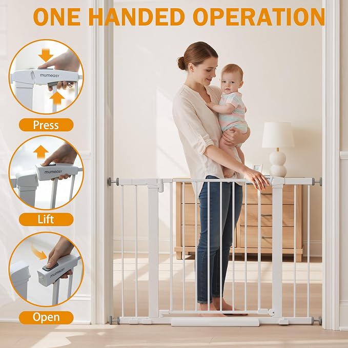 Mumeasy 29.7-43" Baby Gate, Adjustable Safety Gate for Stairs & Doorways | No drill installation, auto close door, one hand operation, adjustable width, for dogs pets babies toddlers