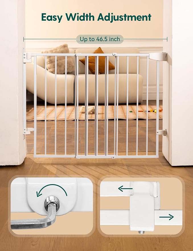 Babelio Extra Wide No Bottom Bar Baby/Dog Gate, 28" H, 29.7-46.5" W, White | Hardware Mount Pet Gate for Indoor Doorways and Hallways with Auto Close, Stay-Open, Wide Walk-through Door, Easy Install