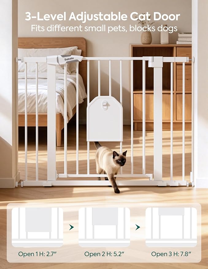 Babelio Auto Close Baby Gate with Cat Door, CatPrivilege I, 29-43" | Safety Gate for Doorway & Stairs, Easy Walk Thru with Pet Door, Includes 4 Wall Cups and 3 Extension Pieces, White