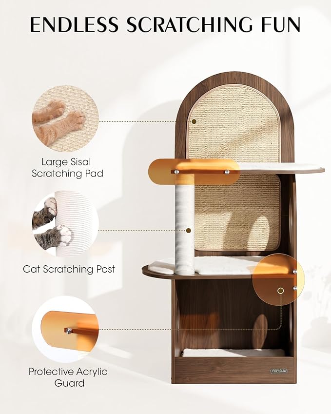 47" Solid Wood Cat Tree, Modern Cat Furniture for Large Cats | Scratch-Resistant Hardwood, Walnut or Maple Finish, Machine-Washable Cushion, Anti-Tip Base, 30-Min Assembly, Indoor Use