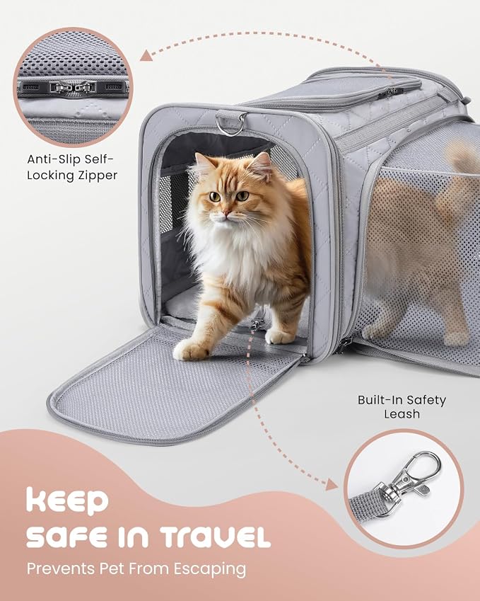 MIDOG Cat Carrier Soft for Small-Medium Cats Up to 15lbs, Airline Approved | Expandable Square Design,Comfort & Breathable Window,Equipped with anti-slip lock zippers and an internal safety leash