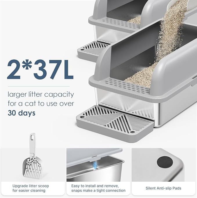 Suzzipaws 2 Pack XL Enclosed Stainless Steel Cat Litter Box for Multi-Cats | High-Side Anti-Leakage Stainless Steel Litter Box, Non-Sticky, Easy-Clean, Less Tracking for Big Cats & Multi-Cat Homes
