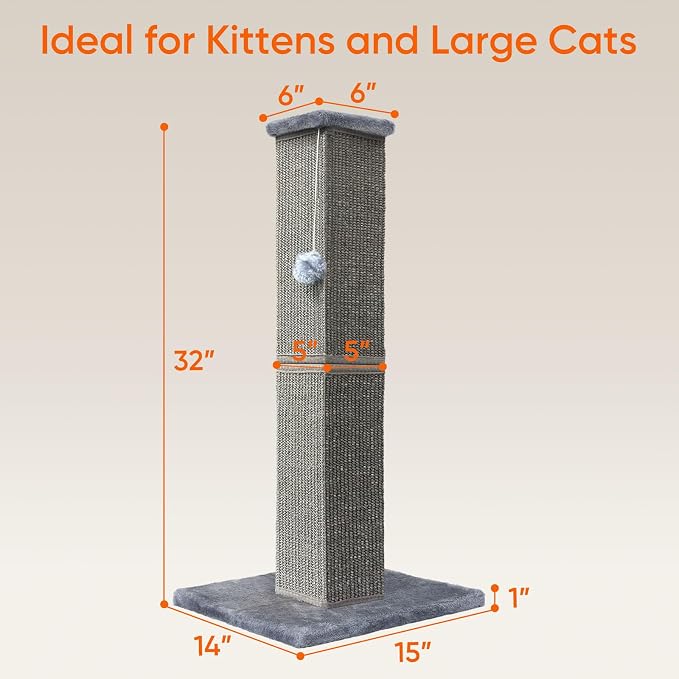 Cat Scratching Post for Indoor Cat, 32 Inch Large Cat Scratcher | Sisal Cat Scratcher with Sturdy Base for Cat Adults, Cat Scratch Post with Vertical Stretch Space, Dark Grey