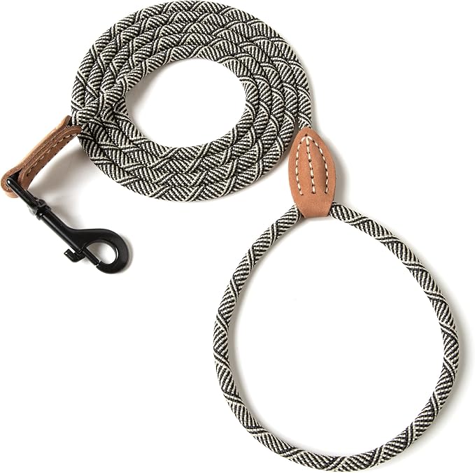 Mile High Life Thin Small Dog Leash with Genuine Leather Connection | Rope Leash, Heavy Duty 360° Swivel Metal Clasp, for Small Medium & Large Dogs (White Beige, 72 Inch)
