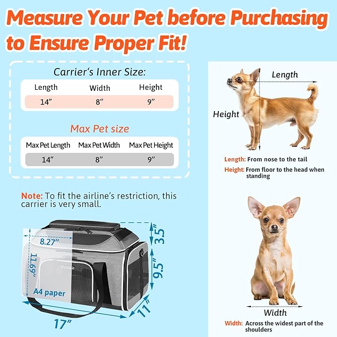 Petskd Top-Expandable Small Pet Carrier 17"x11"x9.5" Airline Approved | for Alaska Airlines, Lockable Safety Zippers and Anti-Scratch Mesh, Soft-Sided, Pets Under 10 Lbs, Grey