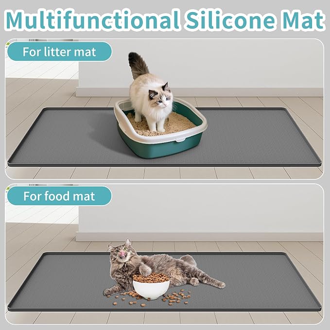 Cat Litter Mat, 51" x 25.6" Silicone Cat Mat for Litter Box, Silicone Cat Litter Box Mat for Scatter Control, Easy Clean, Waterproof and Non-Slip(Grey)