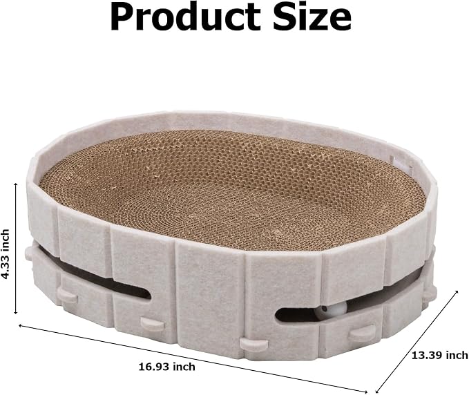 Interactive Cat Scratcher Lounge Bed Heavy Duty Corrugated Cardboard Cat Scratching Pad Bowl with Built-in Track & 2 Bell Balls for Indoor Cats Claw Care and Rest Cat Scratching Bowl, Beige