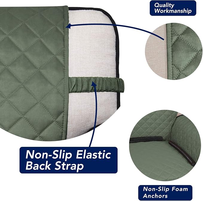 PureFit Reversible Quilted Couch Covers for Dogs Loveseat Sofa Cover 46.5” | Greyish Green/Beige, Water Resistant Couch Protector, Washable Pet Couch Cover with Non Slip and Elastic Straps For Kids