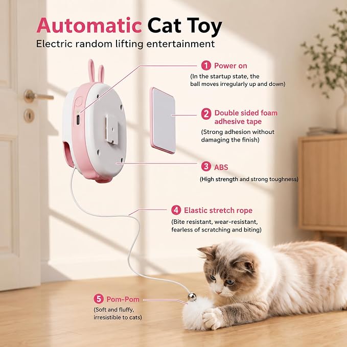 Interactive Cat Toys for Indoor Cats,Automatic Hanging Door Cat Teaser Feather Toy with 6 Accessories,2 Modes,Auto Pause & USB Rechargeable Electric Cat Chase Toy,Safe for Bored Adult Kitten-Pink