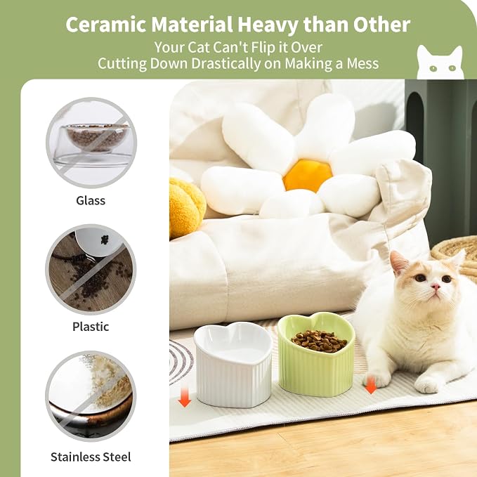 5.5 in Green Ceramic Raised Tilted Cat Food Bowl 1 Pack | Elevated, Love Heart Shape, Slanted, Pet Feeding Dish, Stress Free, Kitty, Small Cats, Protect Pet's Spine